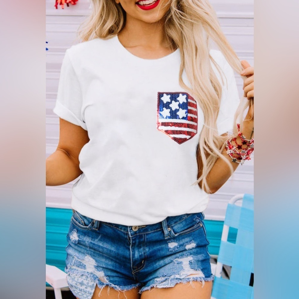 White American Flag Sequin Pocket T-Shirt